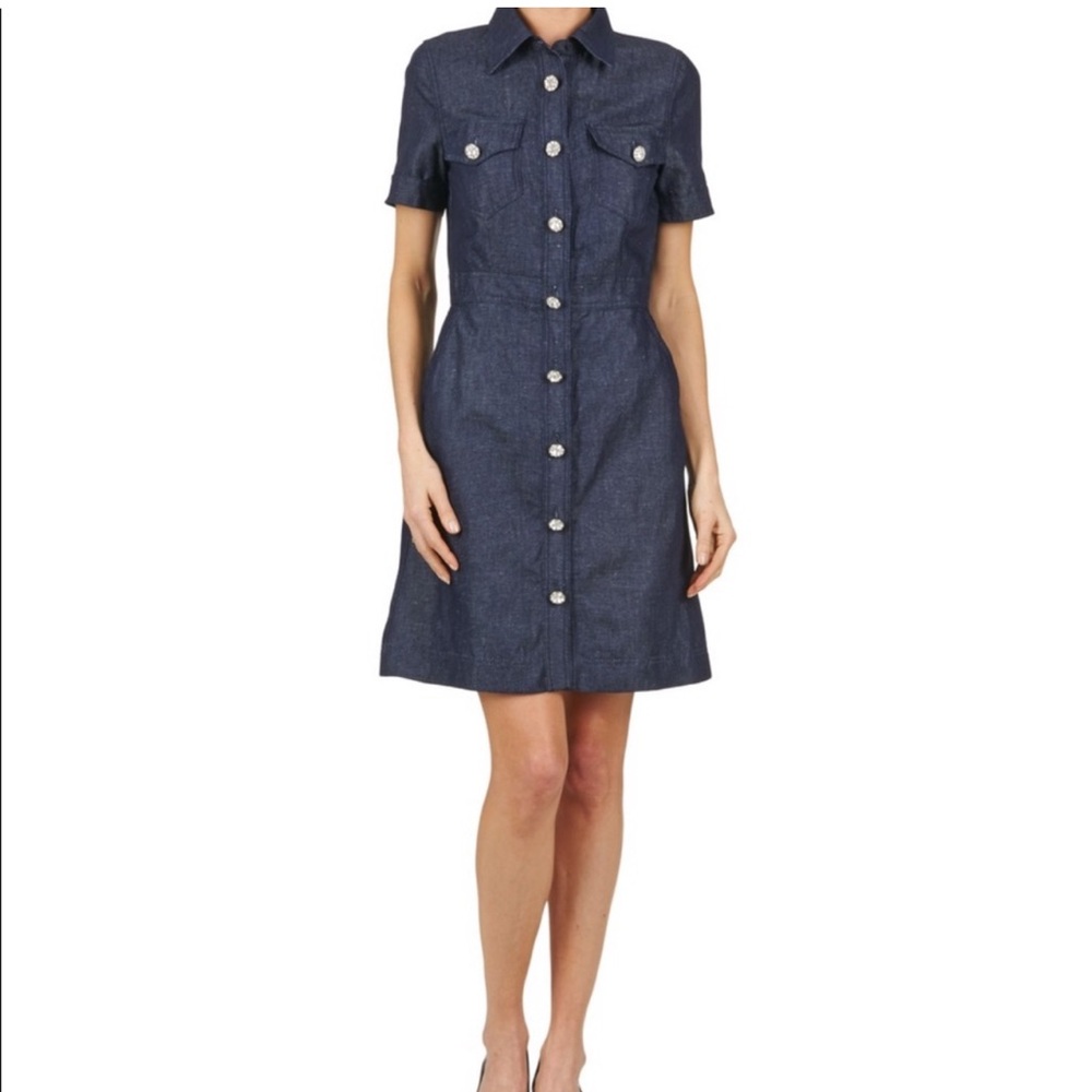 MANOUSH DENIM RHINESTONE BUTTON DOWN DRESS SIZE 38 collar pockets